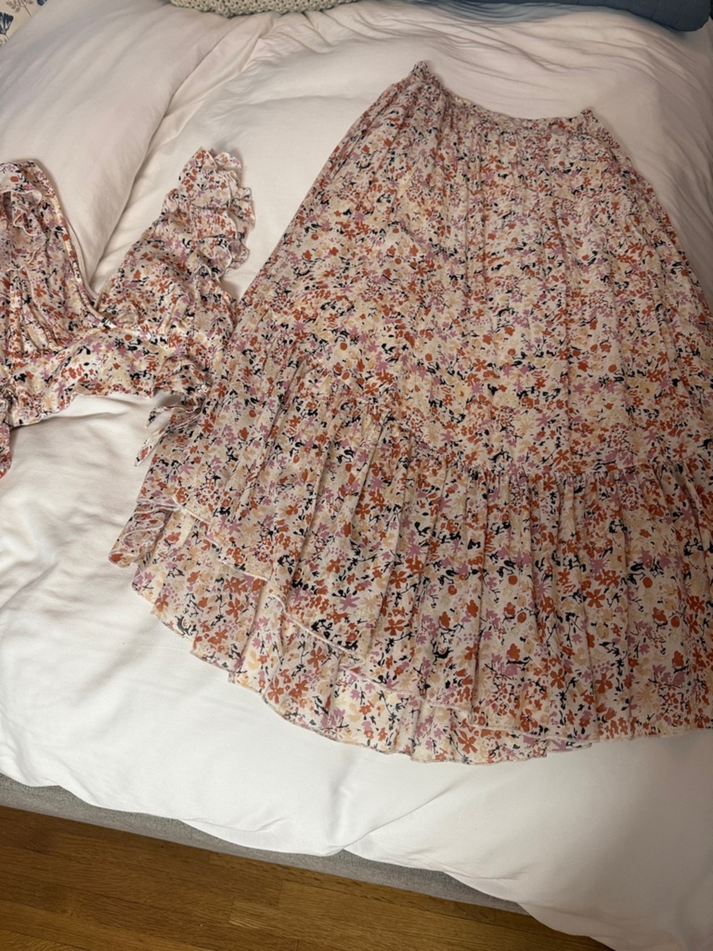 Free People Floral Tiered Maxi Skirt and top set in Blush and Rust